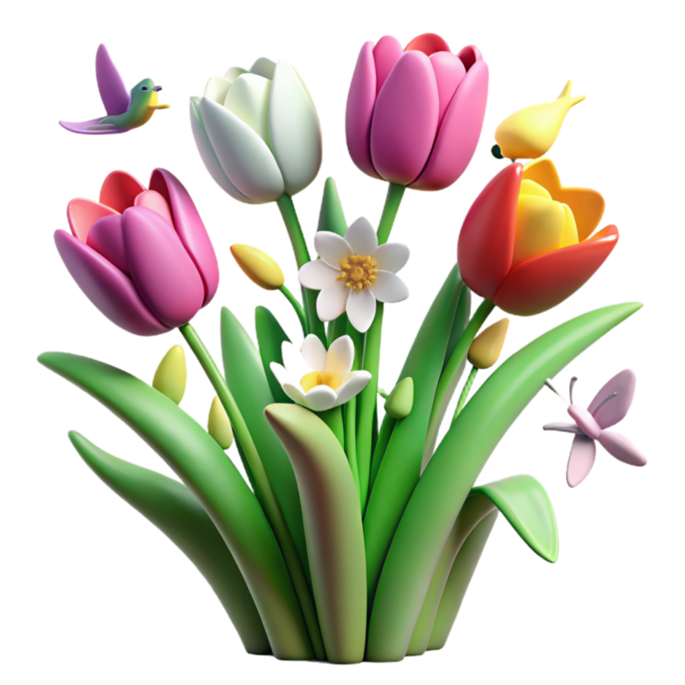 stunning abstract Spring Flowers Tulips, Daffodils, Birds, Butterfly exclusive png