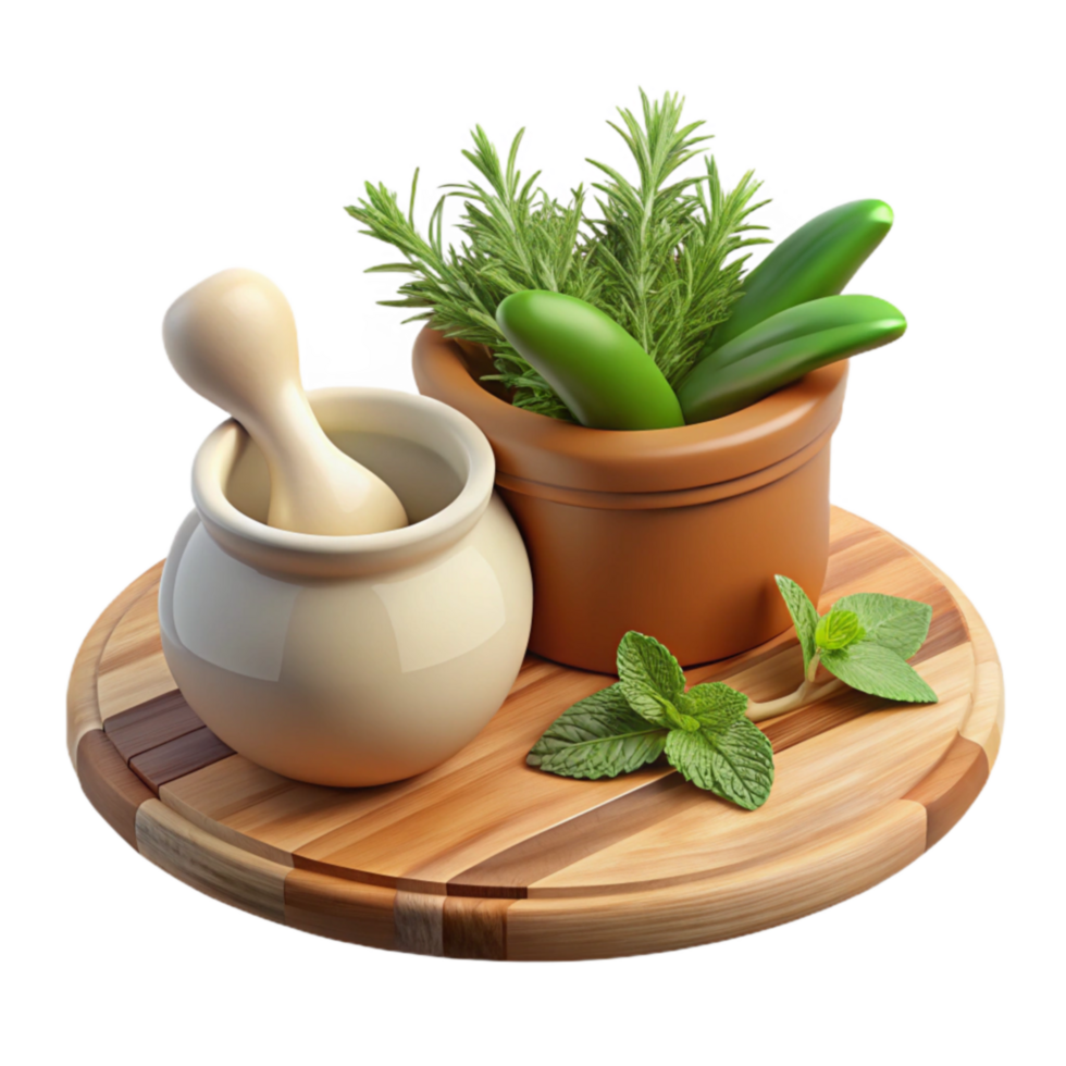 Herbal Blend Mortar, Pestle, Herbs, and Wooden Board png