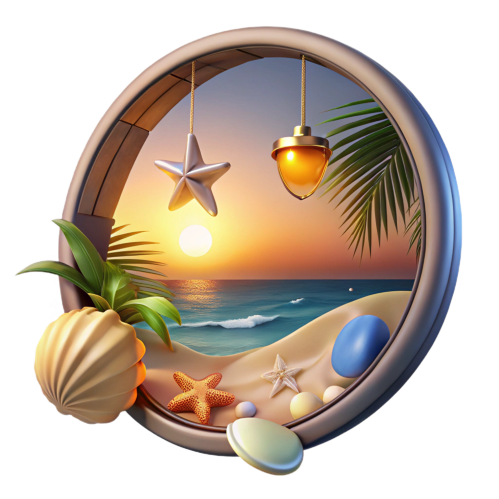 stunning contemporary Sunset Beach Seascape in a Round Frame genuine png