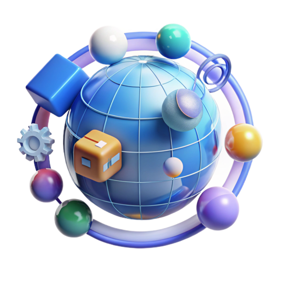 Global Network 3D Render of Interconnected Objects png