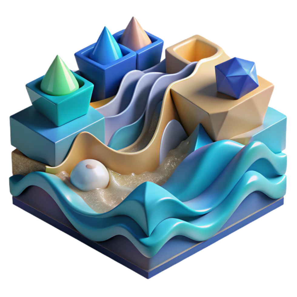 magnificent rustic Abstract 3D Shapes Ocean Waves, Geometric Forms, and Coastal Scene detailed png