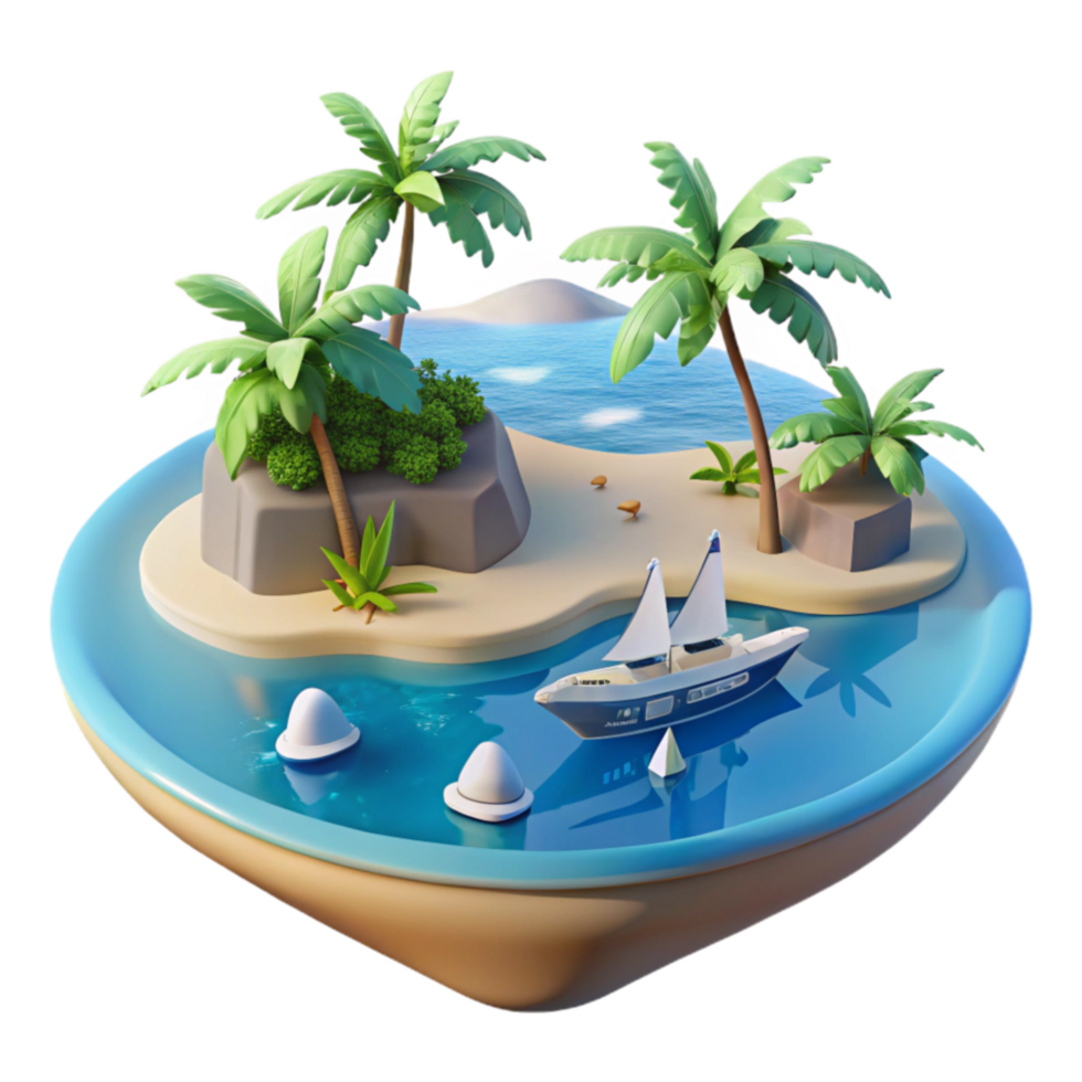 beautiful rustic Tropical Island Paradise Sailboat, Beach, Palms authentic png