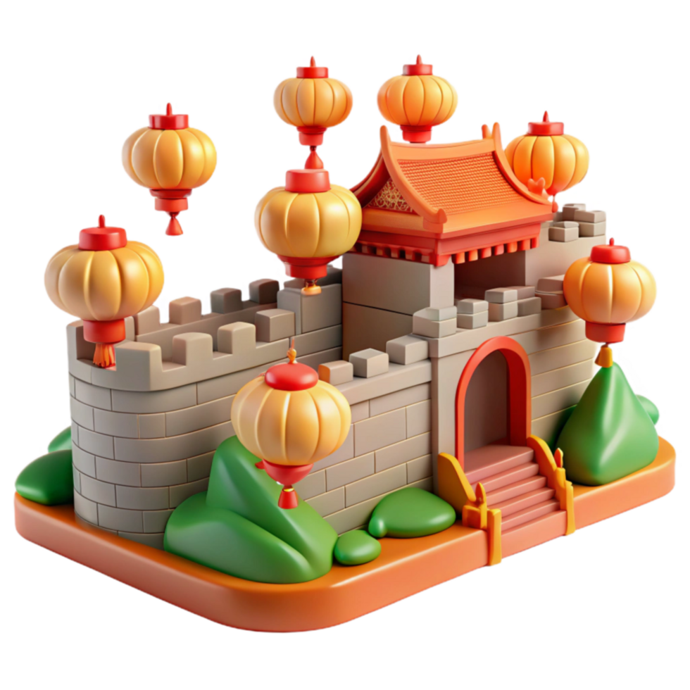beautiful artistic Asian Fortress with Lanterns 3D Render original png
