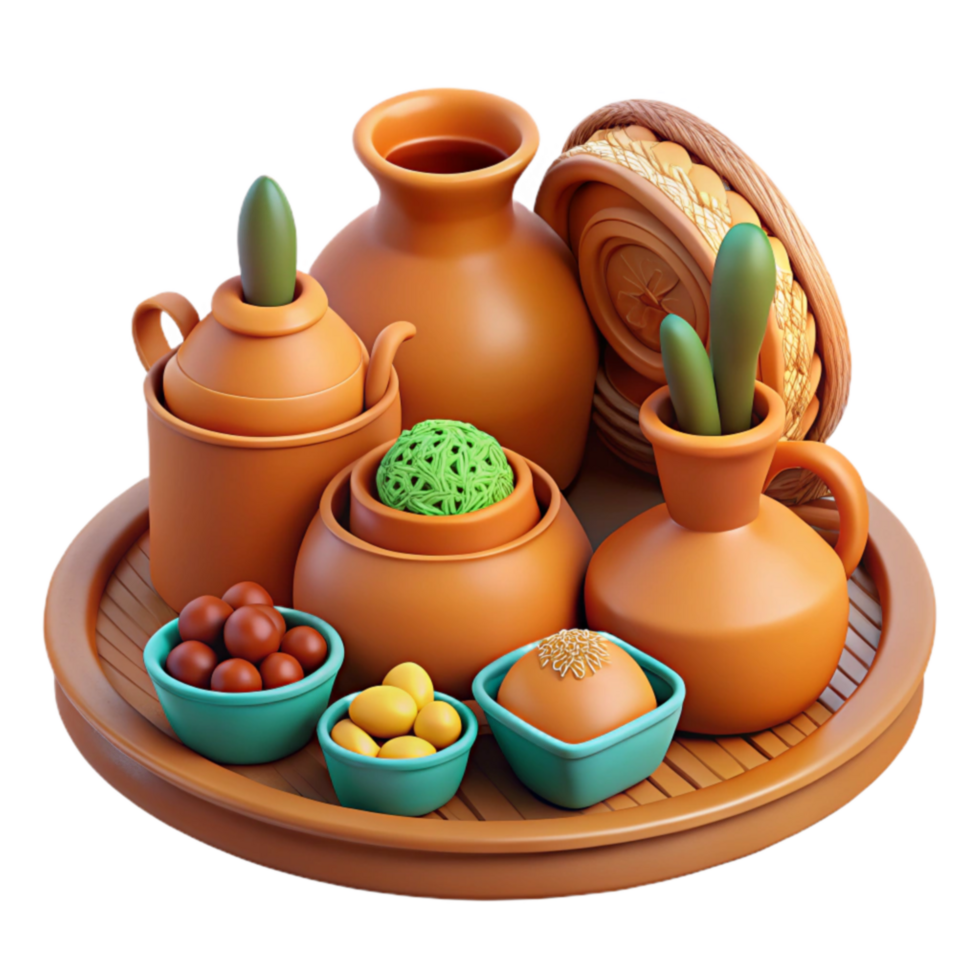 extraordinary minimalist Clay Pottery Set with Sweets on Wooden Tray high resolution png