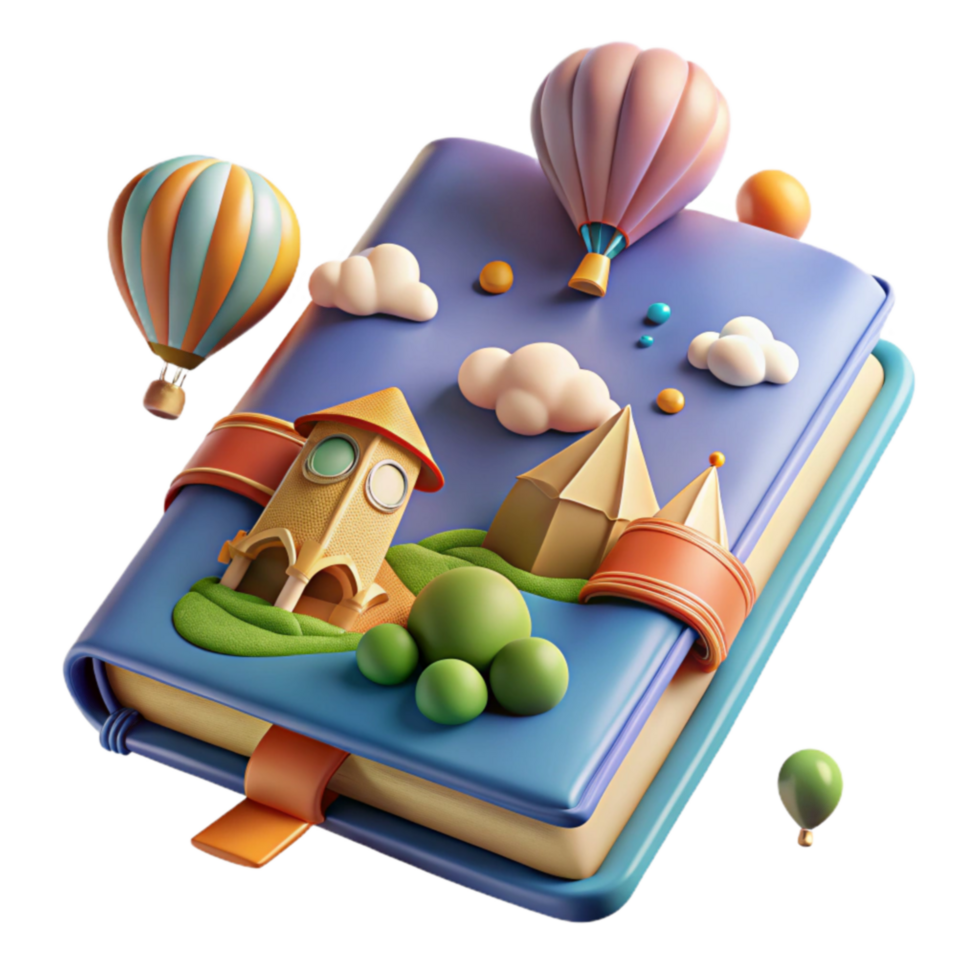 stunning vintage Whimsical Book Hot Air Balloons, Castles, and Adventures premium png