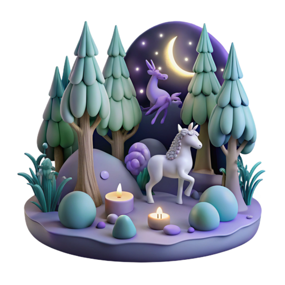 serene traditional Enchanted Unicorn Forest Night Scene with Candles 4K png