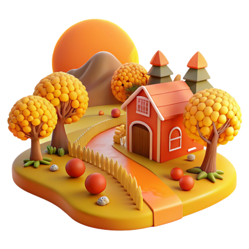 vibrant contemporary Autumn Farm Scene 3D Render of Red Barn, Trees, and Winding Path high resolution png
