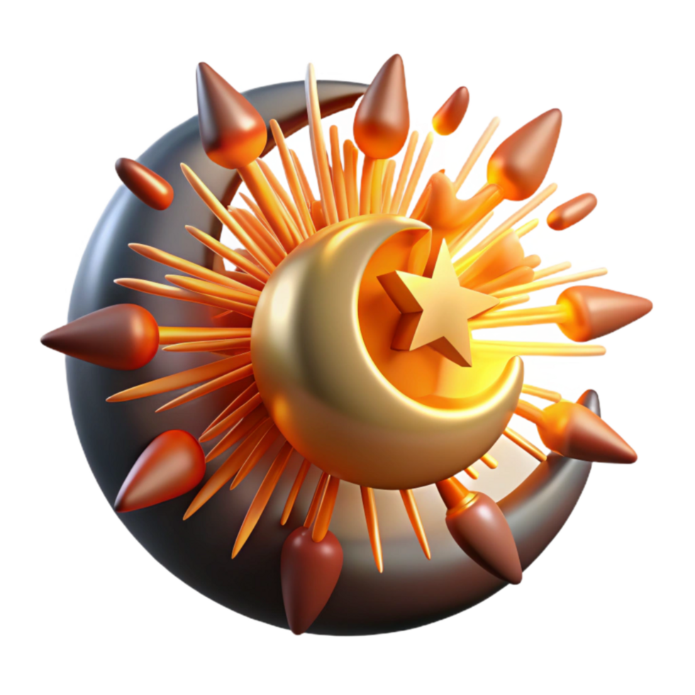 elegant minimalist Crescent Moon, Star, Sunburst 3D Render authentic png