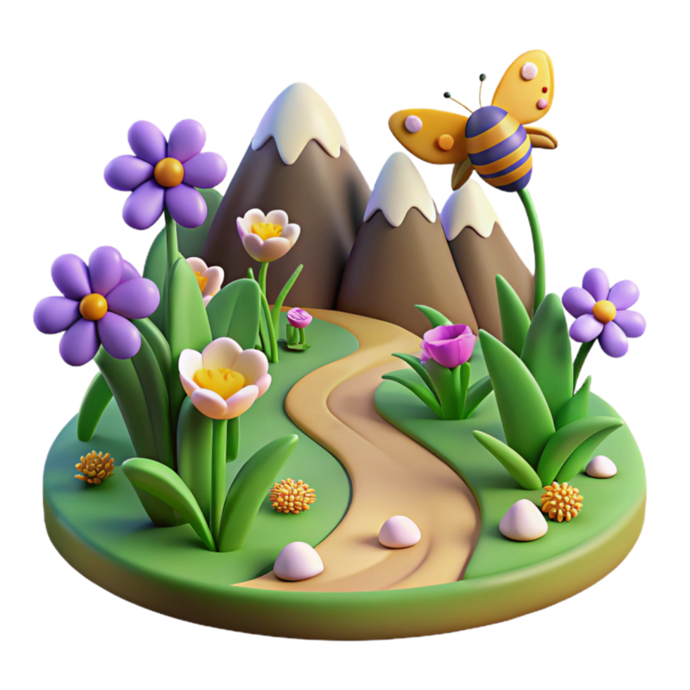 3D Cartoon Spring Meadow with Butterfly png