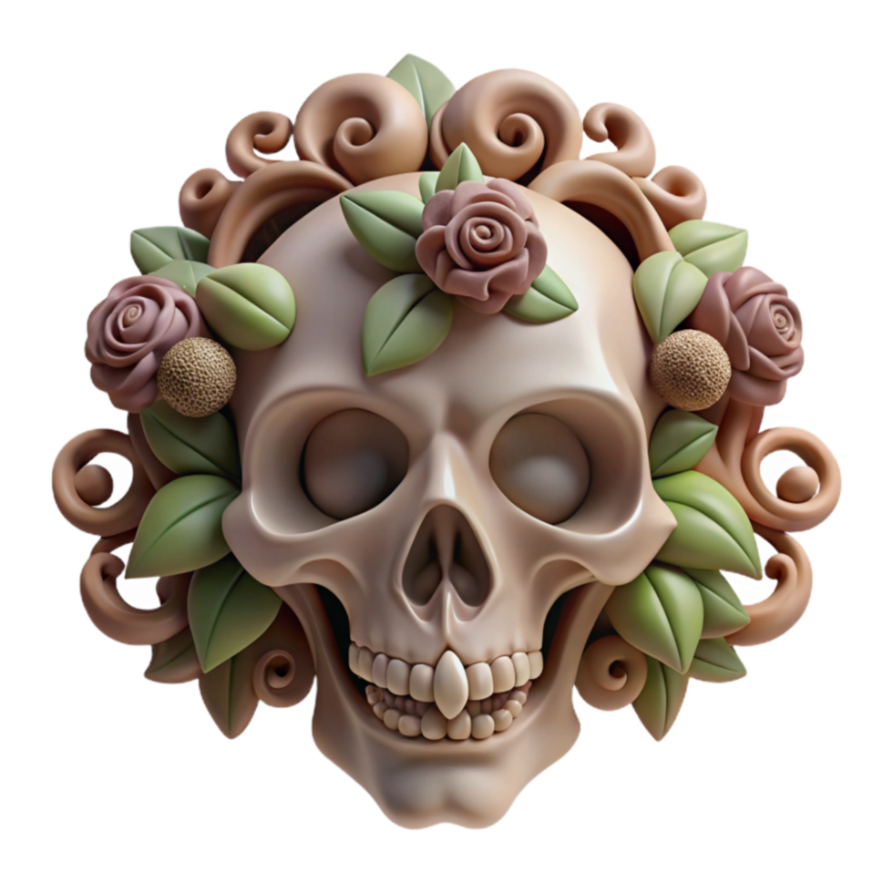dramatic creative Floral Skull 3D Render of Ornate Sugar Skull professional png