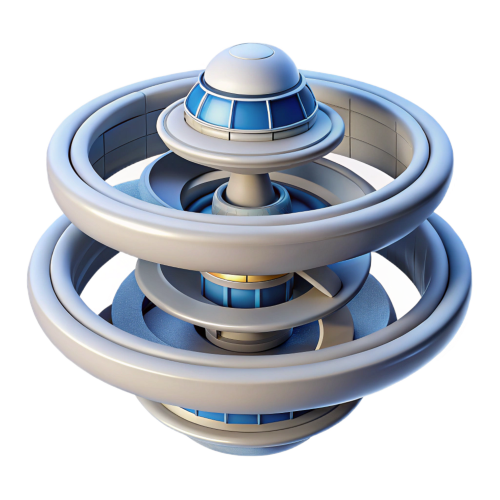 Futuristic Space Station Design Orbiting Rings and Central Hub png