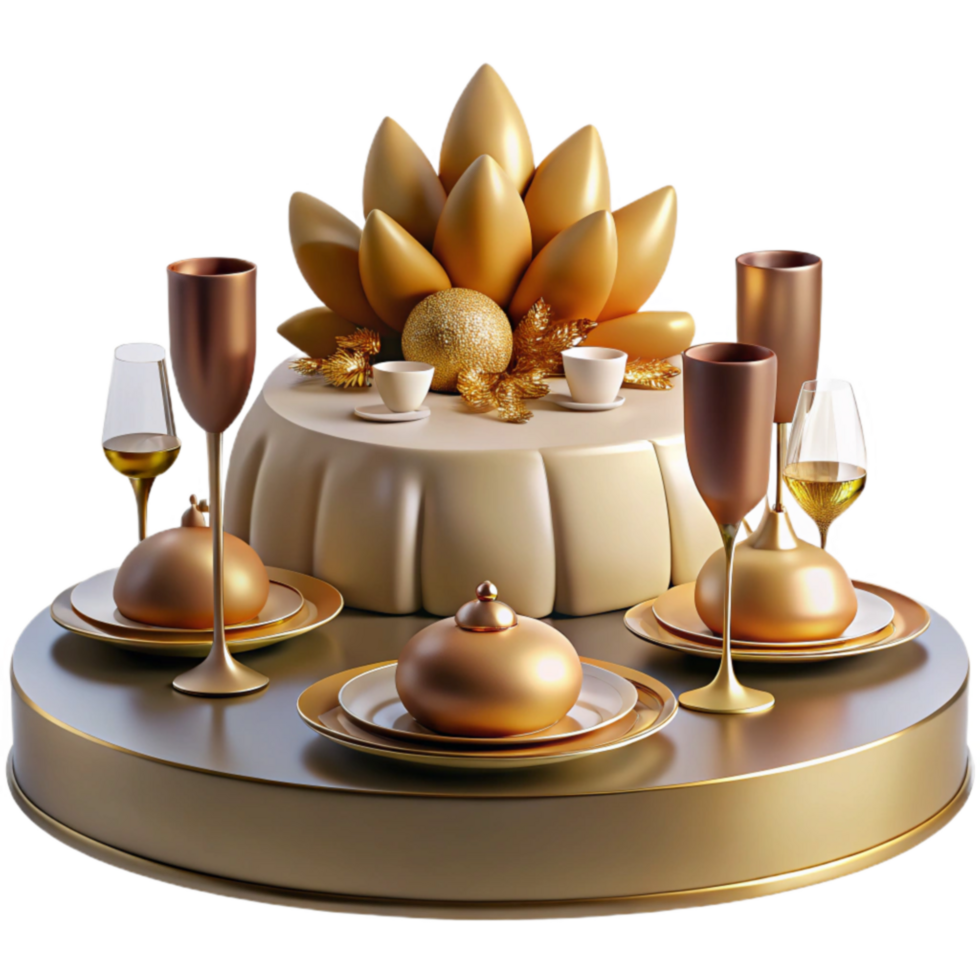 Elegant Golden Table Setting with Festive Centerpiece png