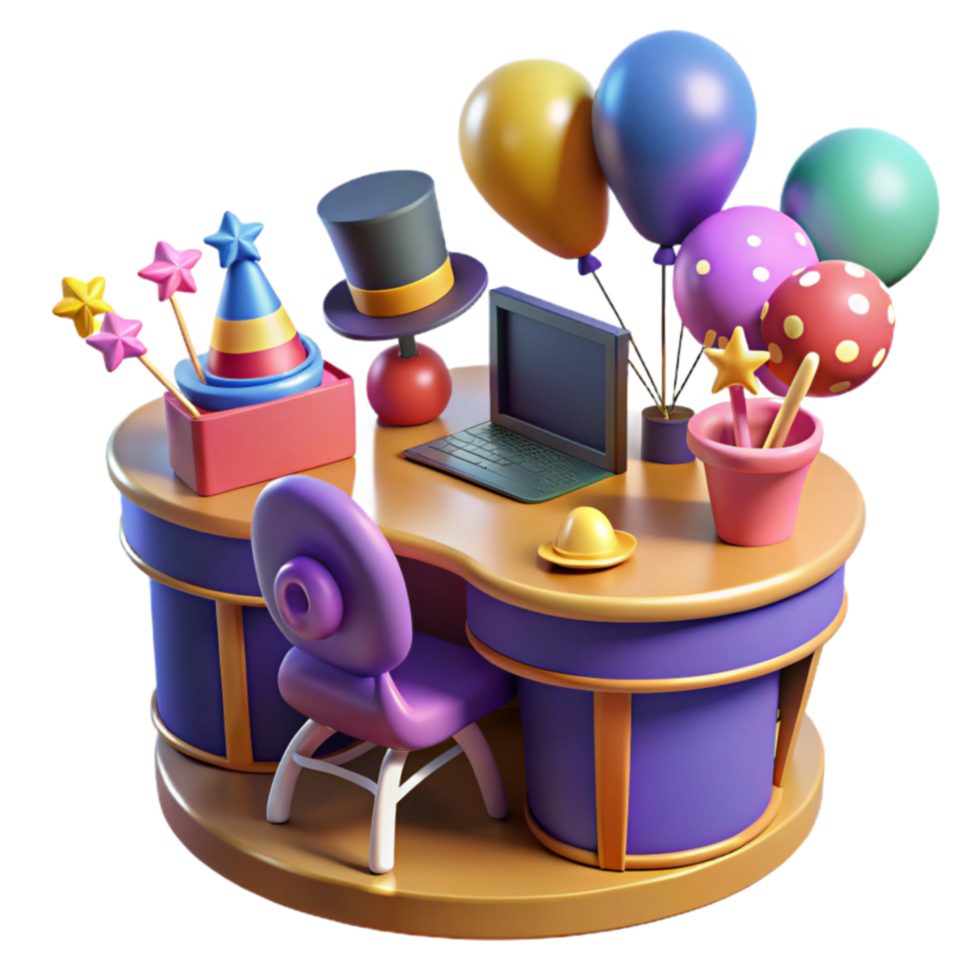 magnificent artistic Fun Festive Desk Setup Balloons, Party Hat, Magic Wand detailed png