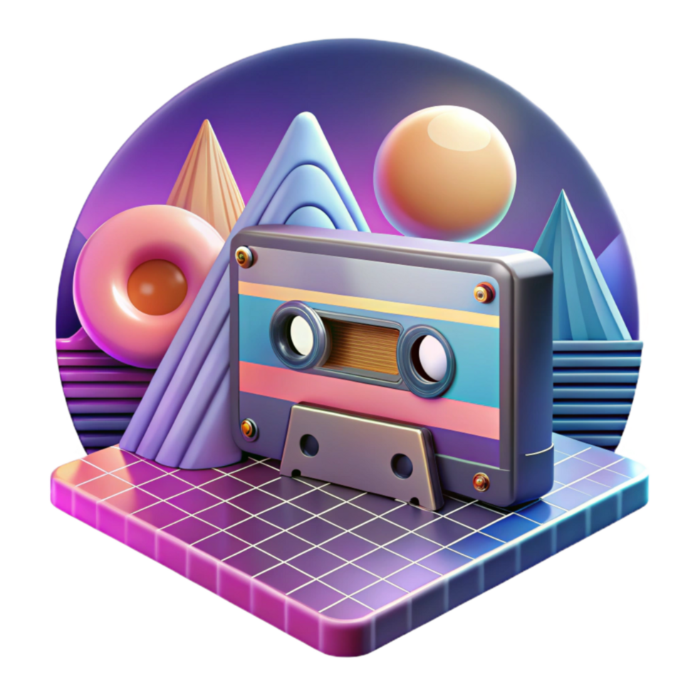 magnificent classic Retro Cassette Tape in 80s Synthwave Landscape authentic png