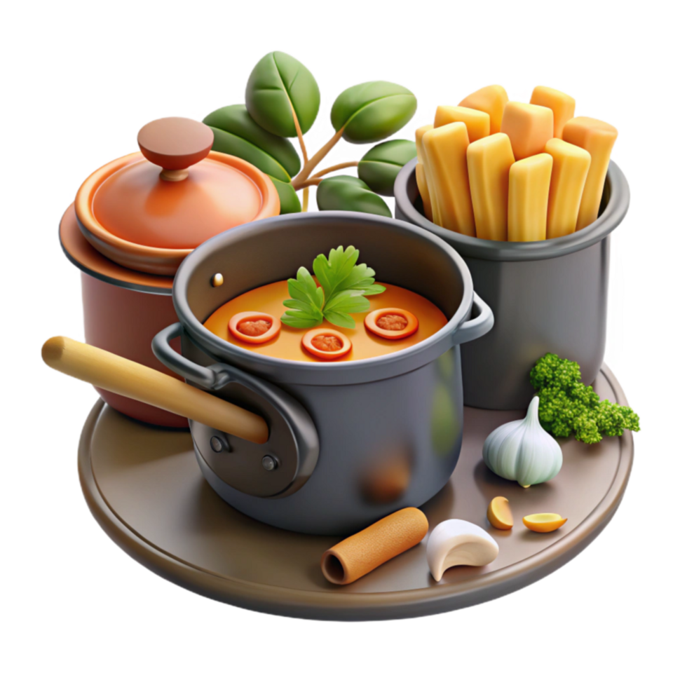 magnificent traditional Savory Soup, Crispy Fries, and Garlic A Delicious Meal detailed png