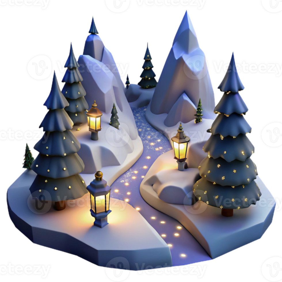 beautiful traditional Winter Wonderland Snowy River, Festive Trees, and Glowing Lanterns 4K png