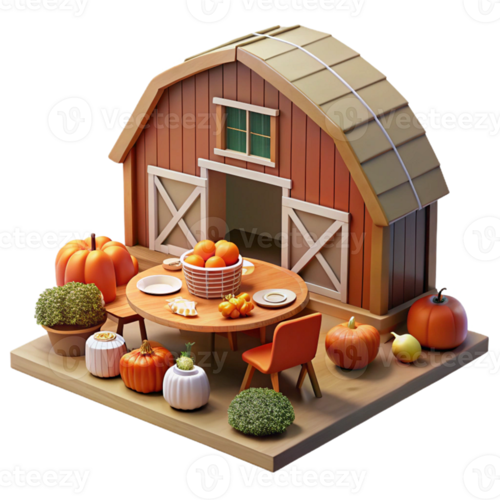 Autumn Harvest Barn Scene Pumpkins, Table, and Fall Decor png