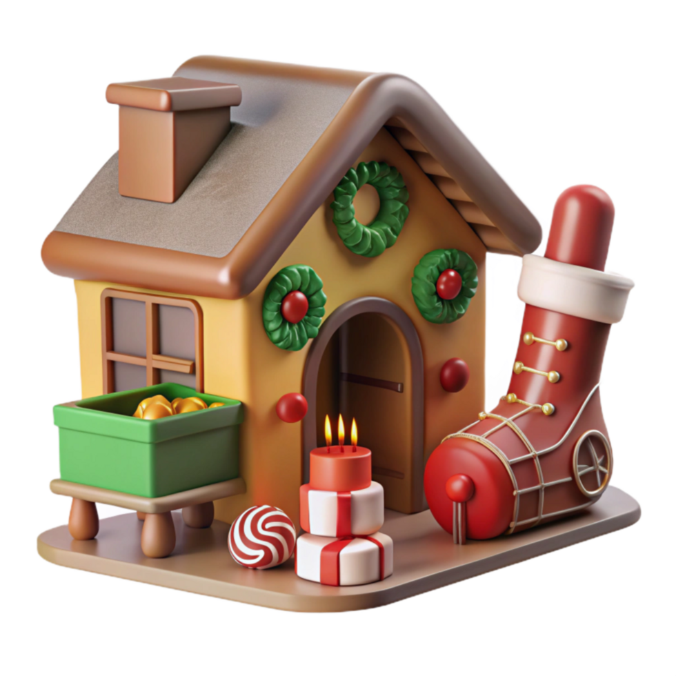 magnificent contemporary Christmas Gingerbread House with Stocking and Gifts detailed png