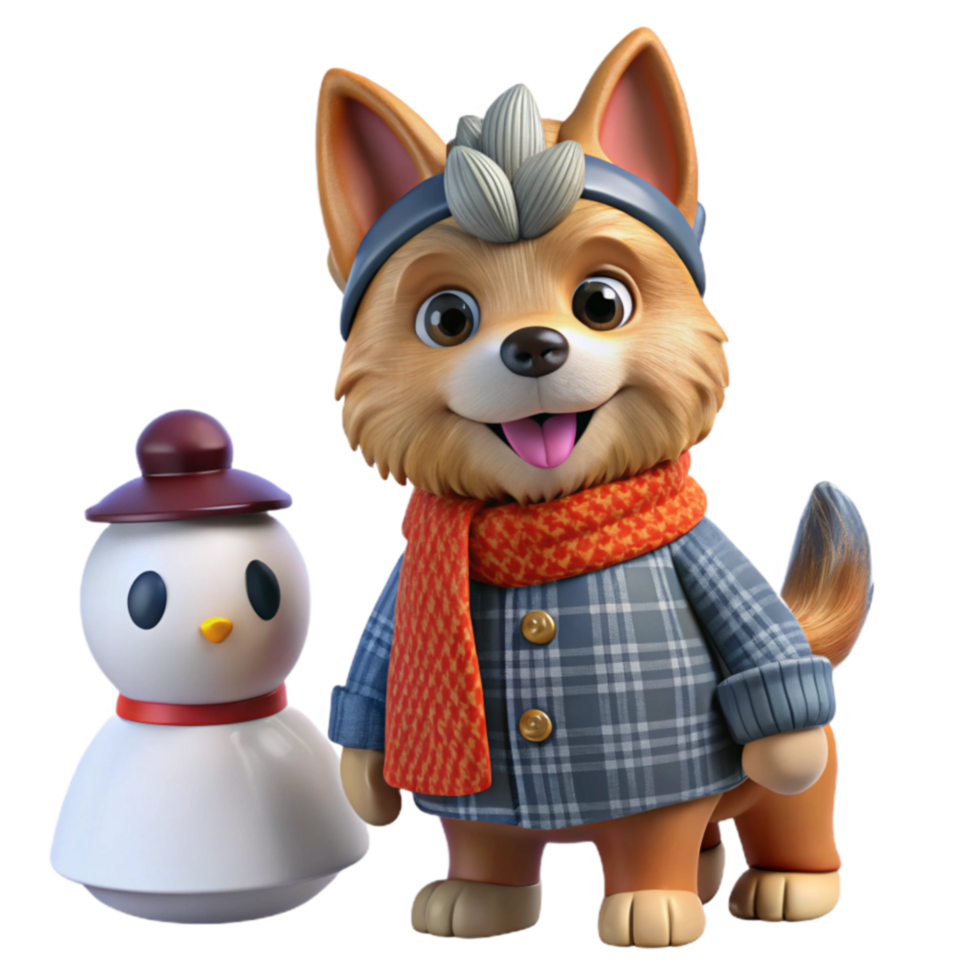 serene rustic Adorable 3D Winter Dog and Snowman professional png