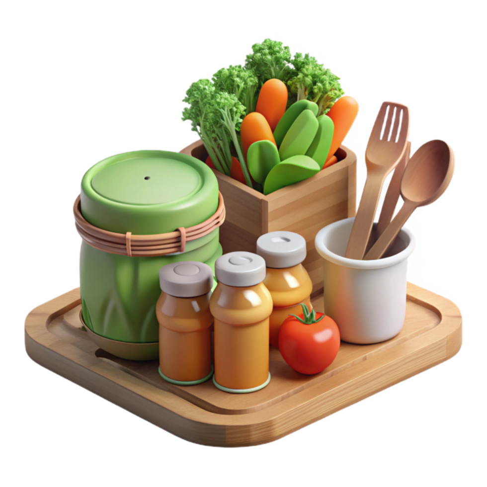 elegant rustic Fresh Vegetables, Condiments, and Utensils on Wooden Tray high quality png