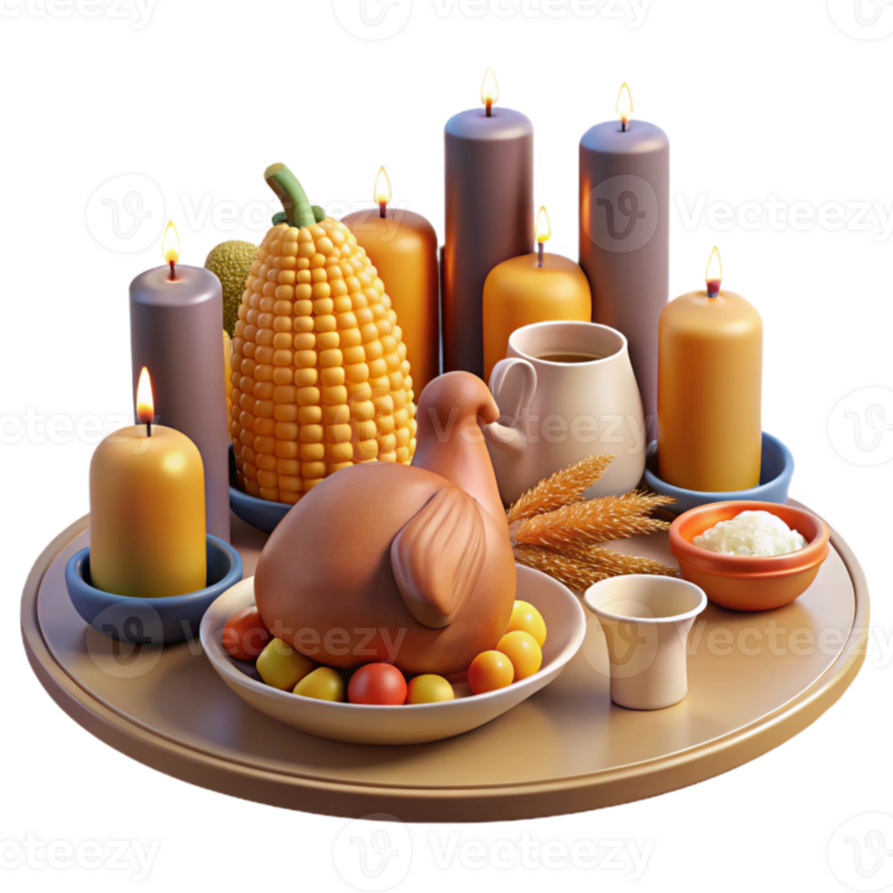 Autumn Harvest Table Setting Candles, Corn, Roasted Bird png
