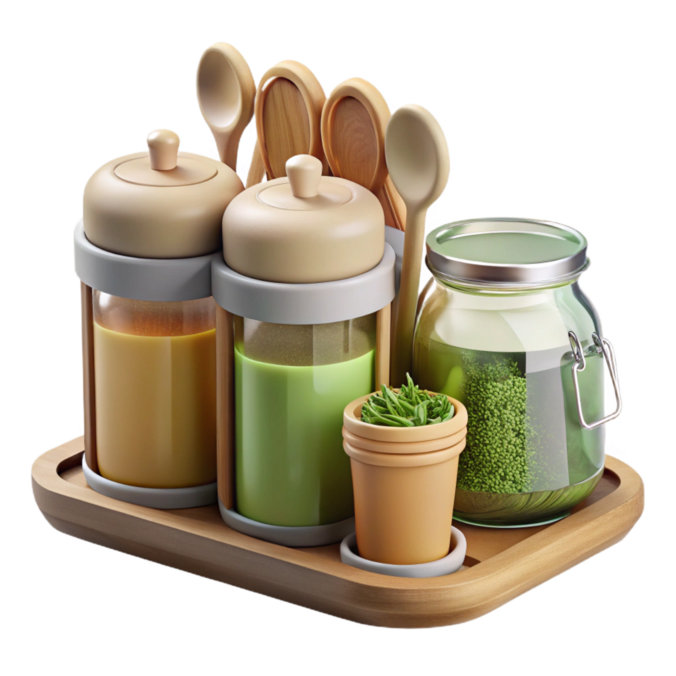 elegant classic Wooden Tray with Glass Jars, Spoons, and Herbs original png