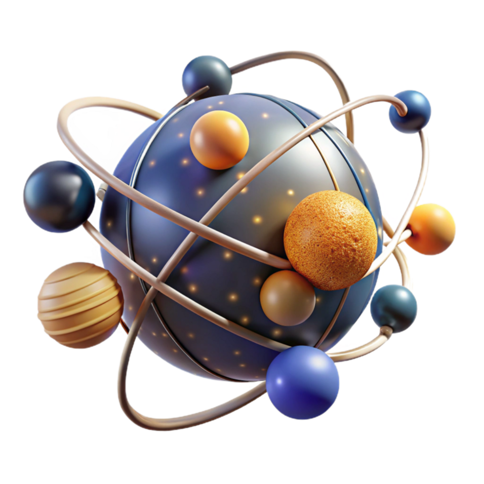 Abstract Sphere with Orbiting Planets 3D Render png