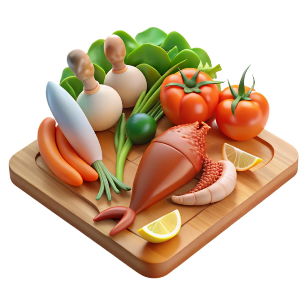 Fresh Seafood and Vegetables on Cutting Board png