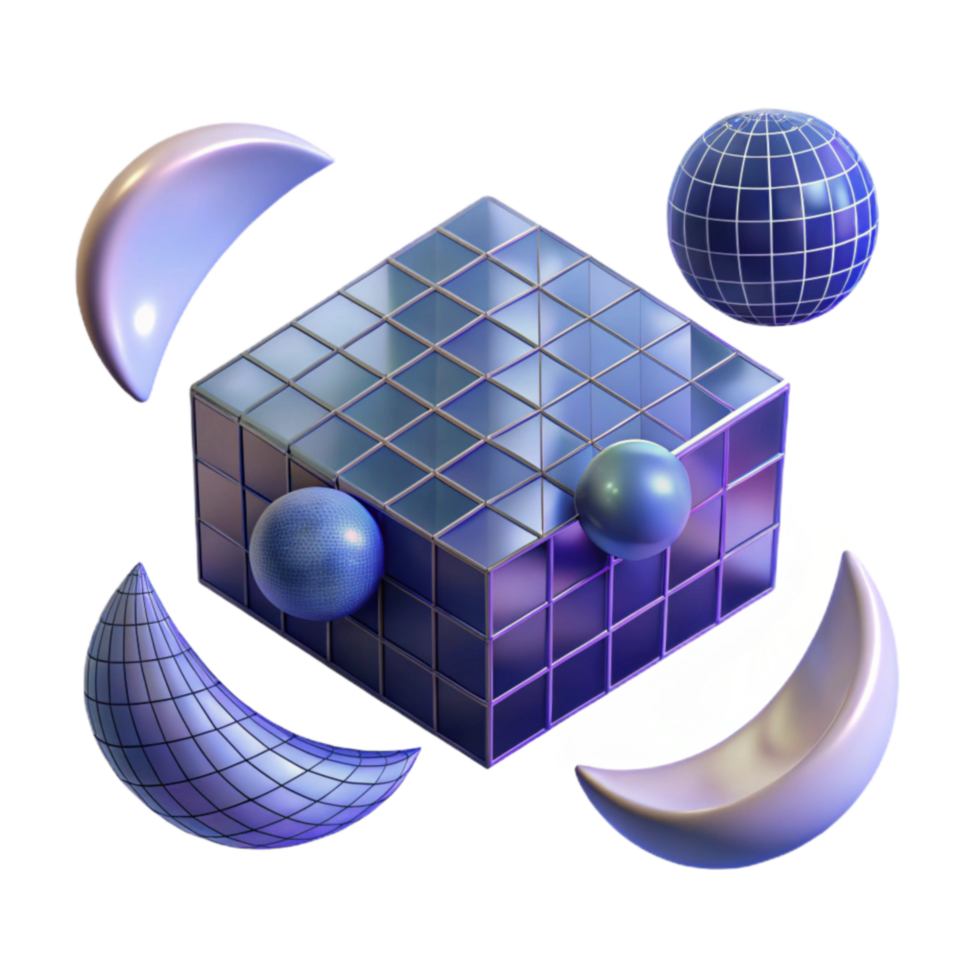 Abstract 3D Geometric Shapes Cube, Spheres, and Crescents png