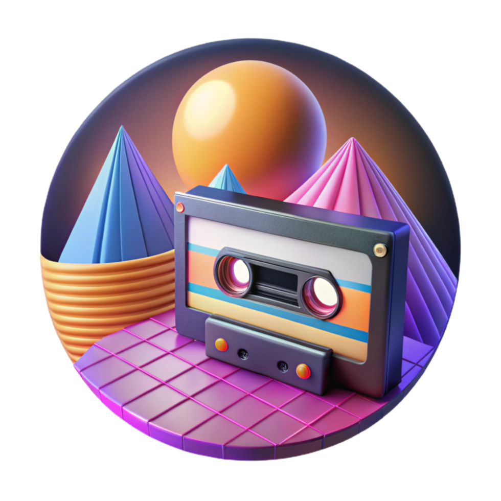 Retro Cassette Tape in 80s Synthwave Scene png