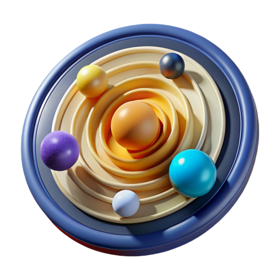 Abstract Planetary System Colorful 3D Render of Orbits and Spheres png