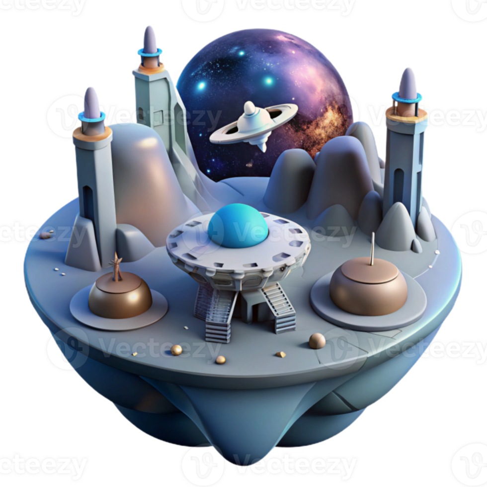 Cosmic Island Futuristic Towers, Spaceship, and Galaxy png