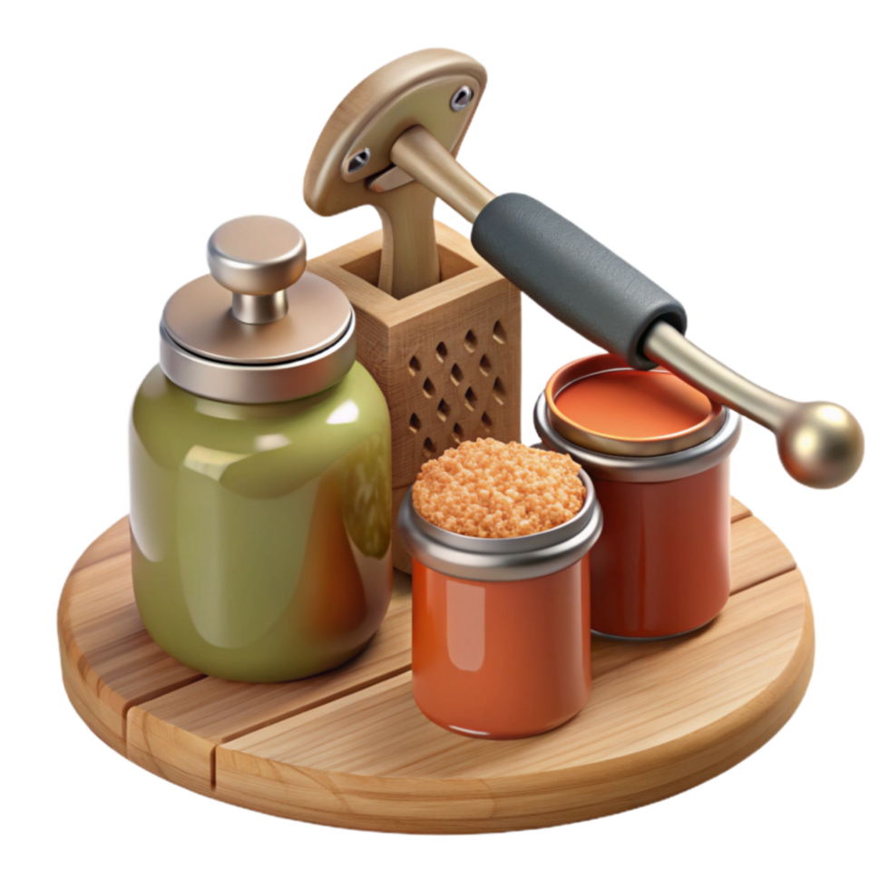 Wooden Kitchenware Set with Jars and Grinder png
