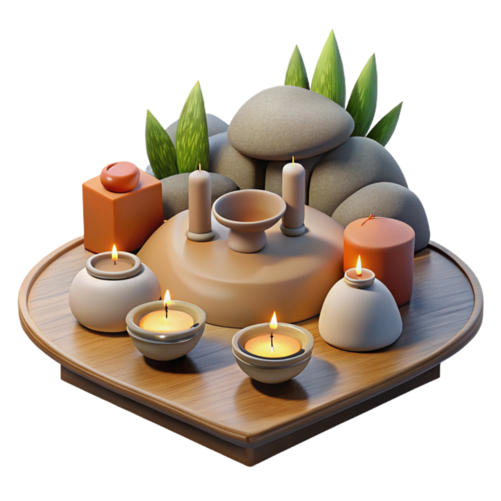 elegant rustic Serene Candles, Stones, and Plants on Wooden Tray genuine png