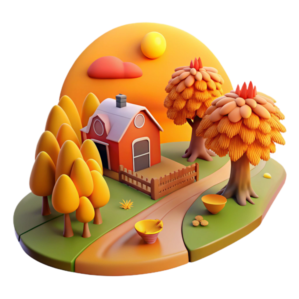 beautiful creative Autumnal Farm Scene 3D Render of House, Trees, and Path detailed png