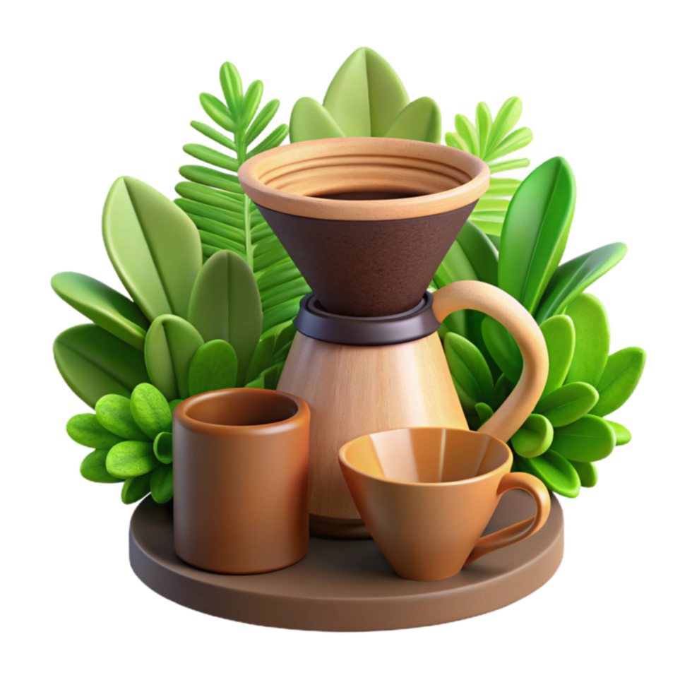 Wooden Coffee Brewer with Cups and Lush Greenery png