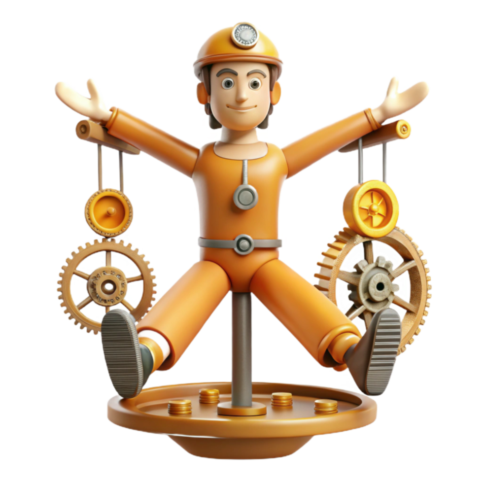 dramatic traditional Worker on Rotating Gear Platform with Coins original png