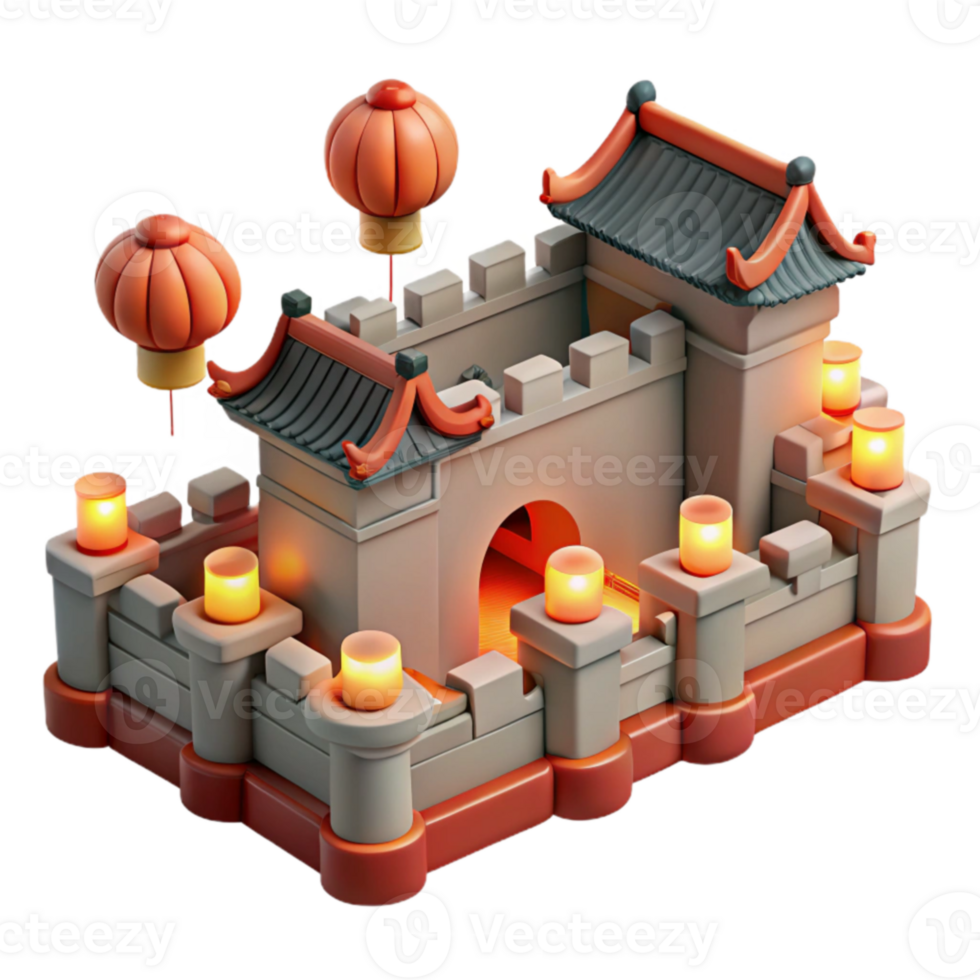 dramatic abstract 3D Model Illuminated Asian Castle with Lanterns high quality png