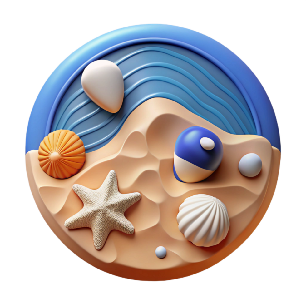 vibrant classic Summer Beach Scene 3D Render of Sand, Sea, and Shells high quality png