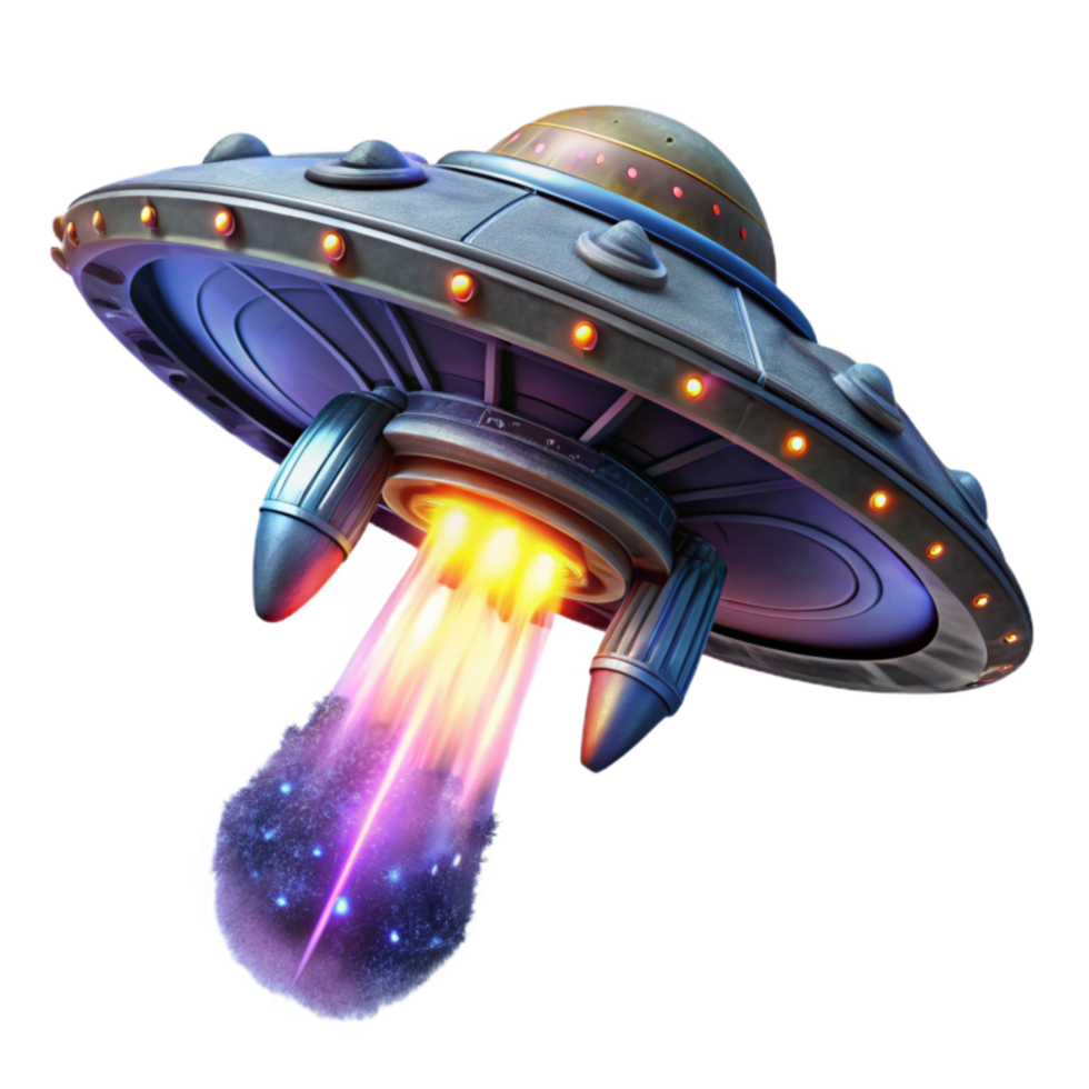 Retro UFO Spaceship Taking Off with Cosmic Trail png