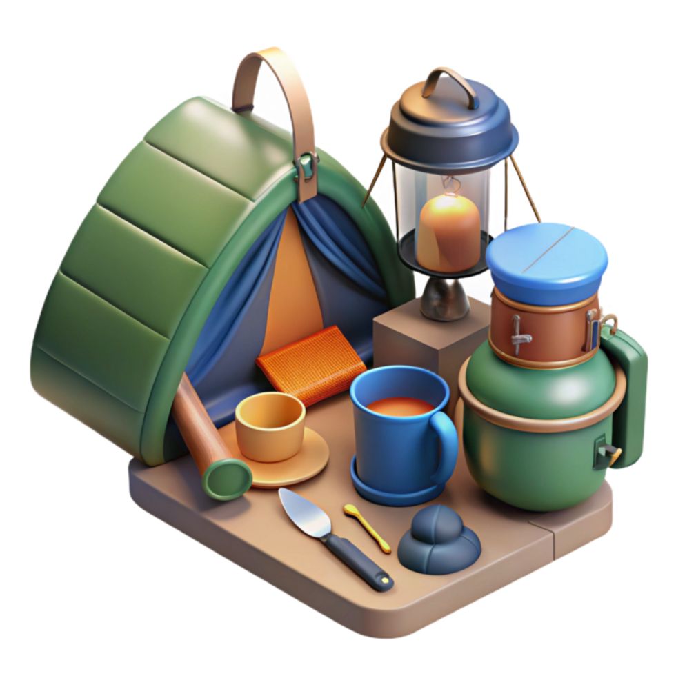 serene artistic Camping Essentials Cozy Tent, Lantern, Hot Drinks high resolution png