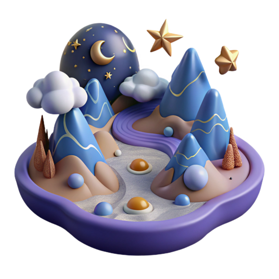 wonderful minimalist Whimsical Night Landscape 3D Render of Mountains, Moon, and Stars exclusive png