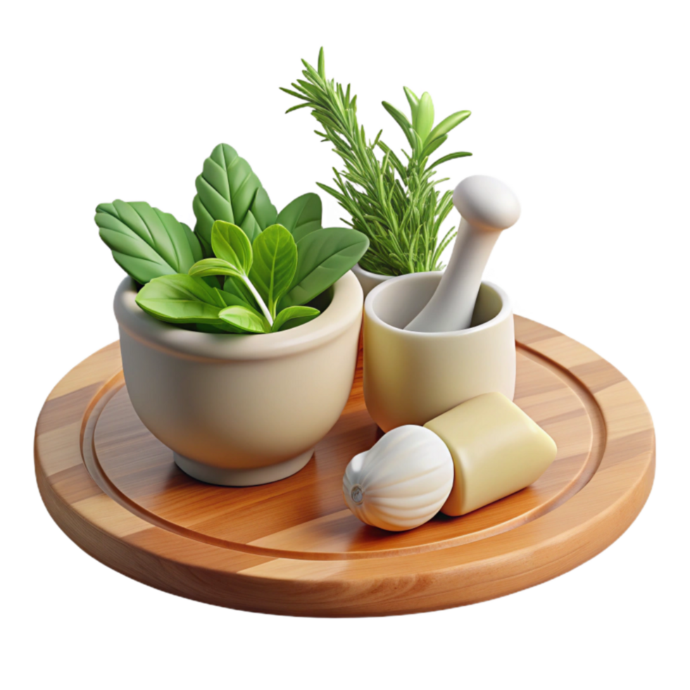 elegant rustic Herbal Preparation Mortar, Pestle, Herbs, Garlic, Wooden Board high resolution png