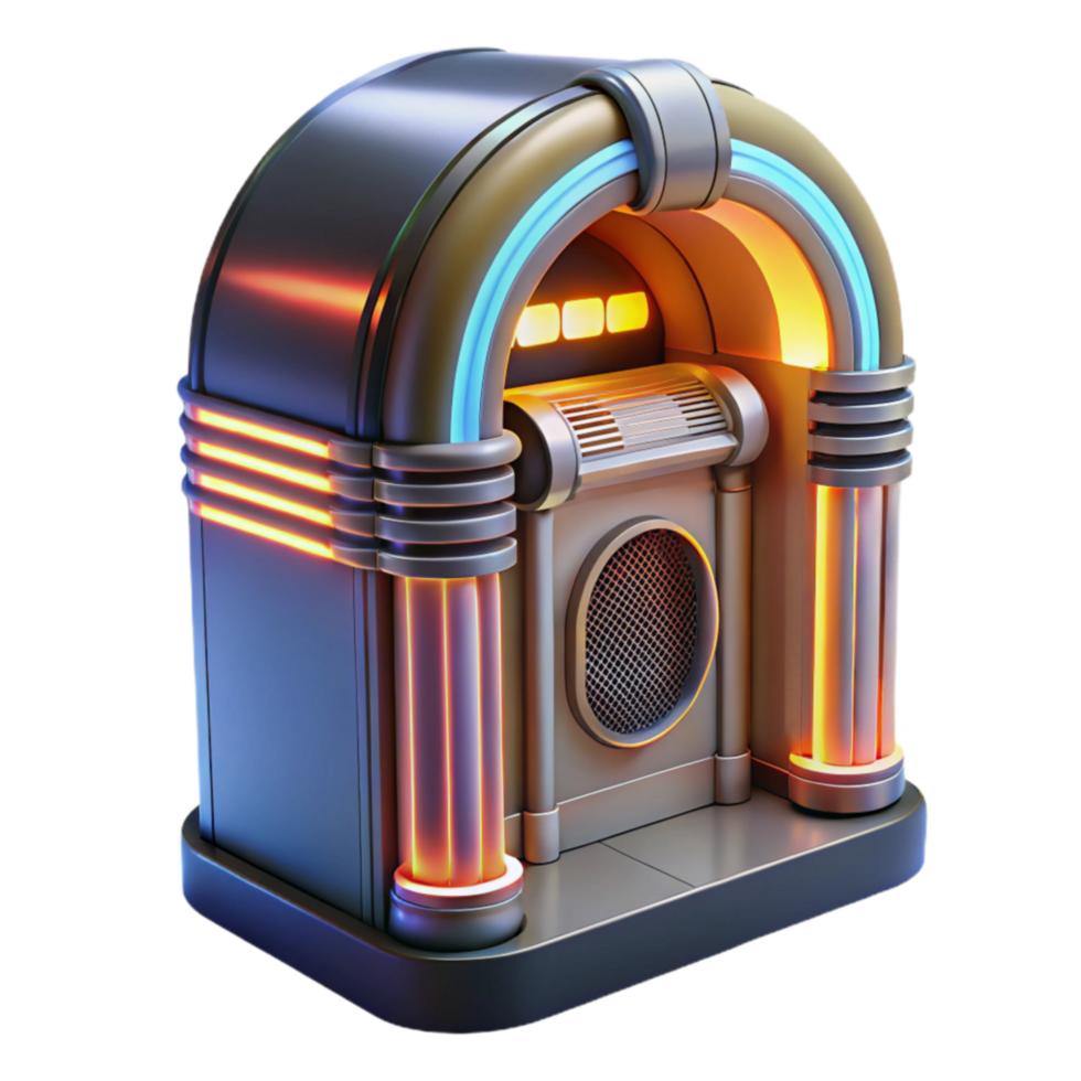 impressive contemporary Retro Jukebox Vintage Music Machine, Illuminated Design, Classic Style, 3D Render, Nostalgia, Sound System, Arcade Game, Music Player, Golden Age high resolution png