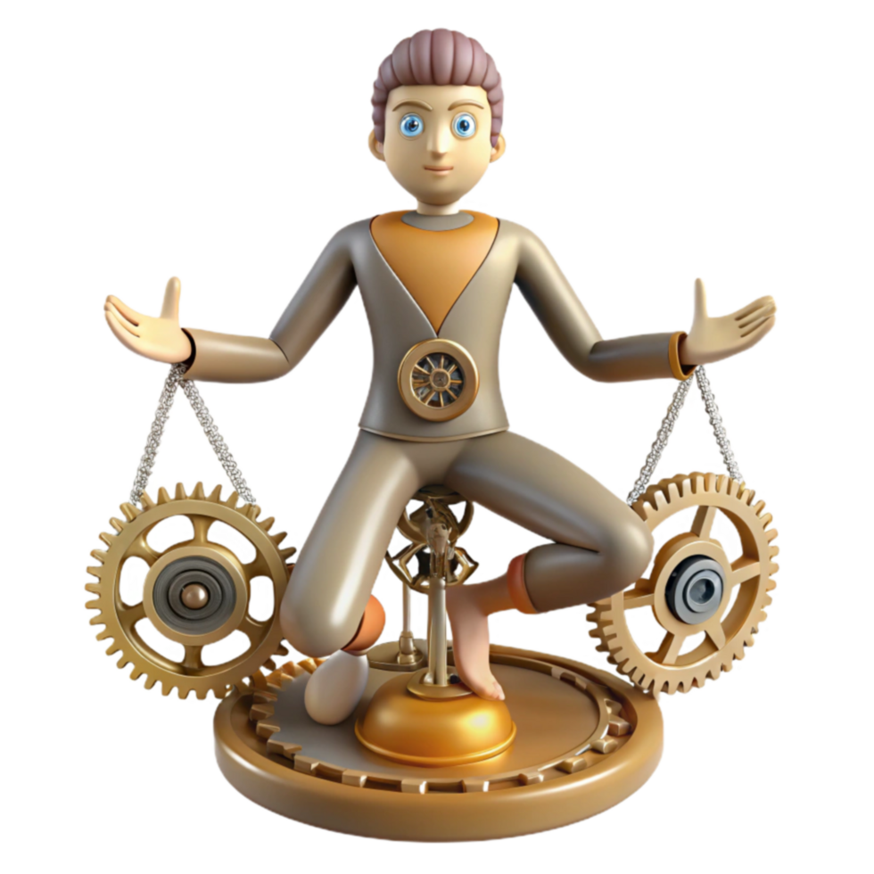 Steampunk Figure Balancing Gears 3D Render png