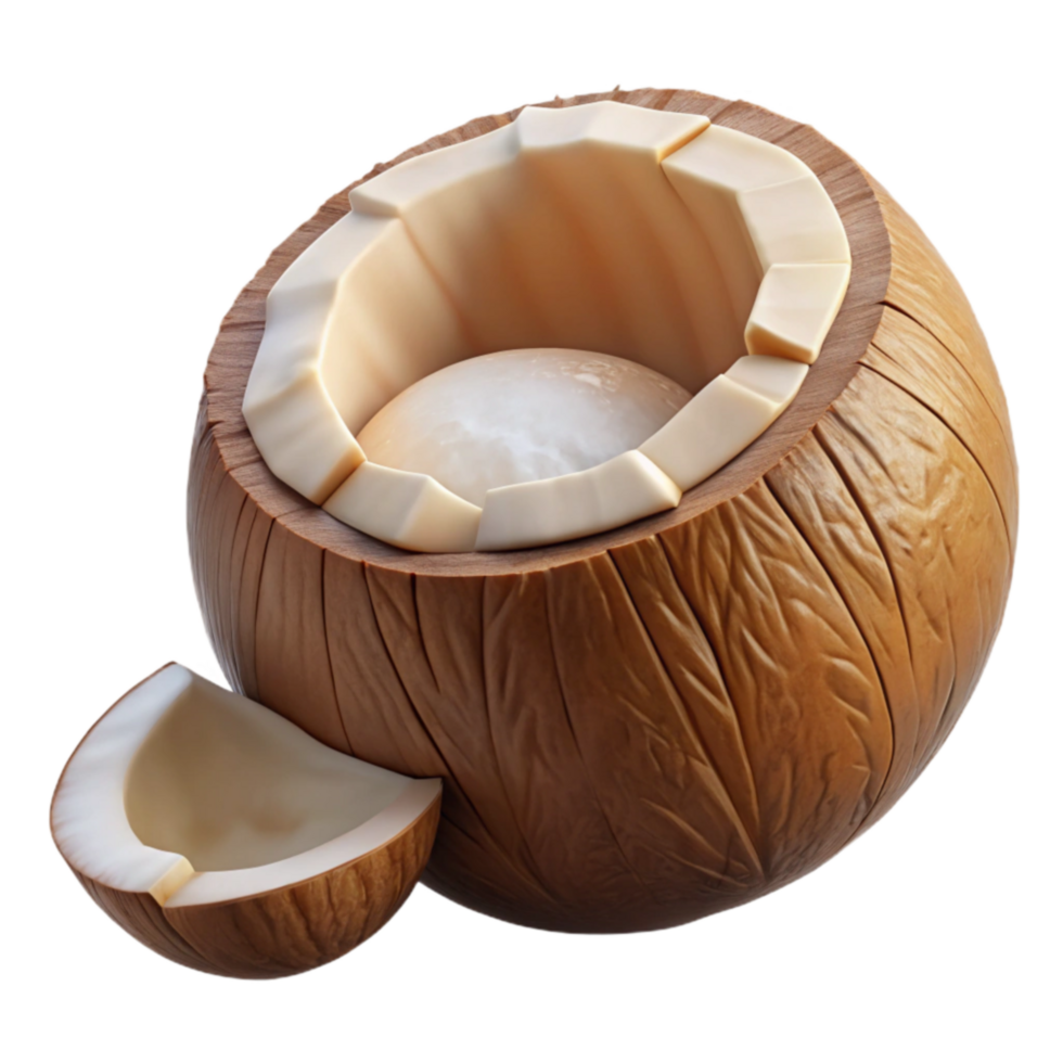impressive vintage Coconut Half, Fresh Cut, Tropical Fruit, Creamy White Flesh, Brown Husk, Open Shell, Ripe, Organic 4K png
