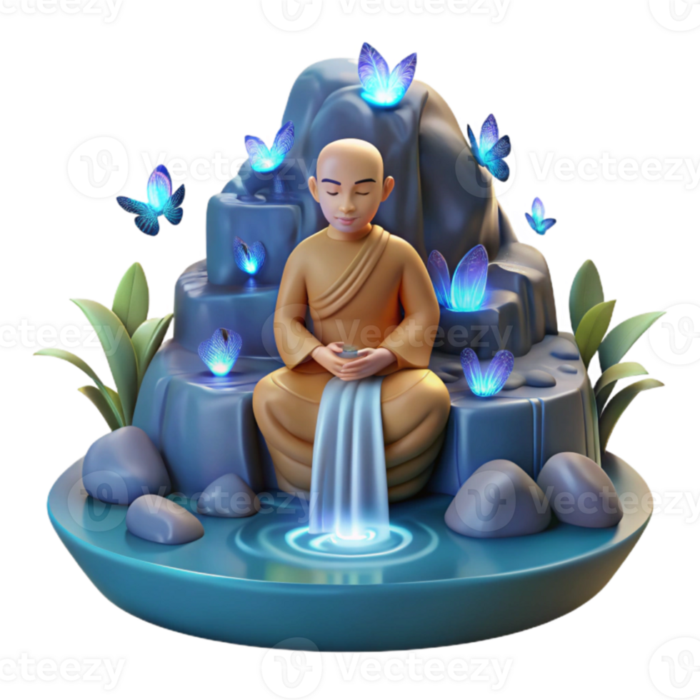 Serene Monk, Waterfall, Butterflies 3D Render png