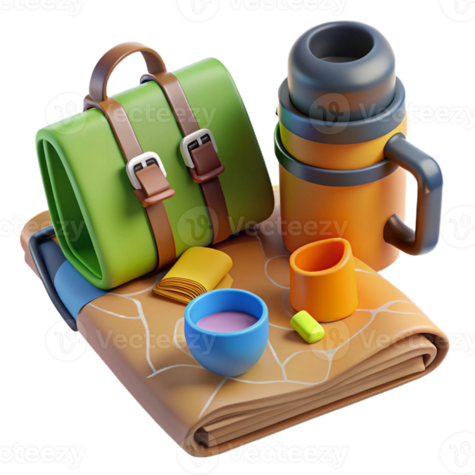 Adventure Essentials Backpack, Thermos, Map png
