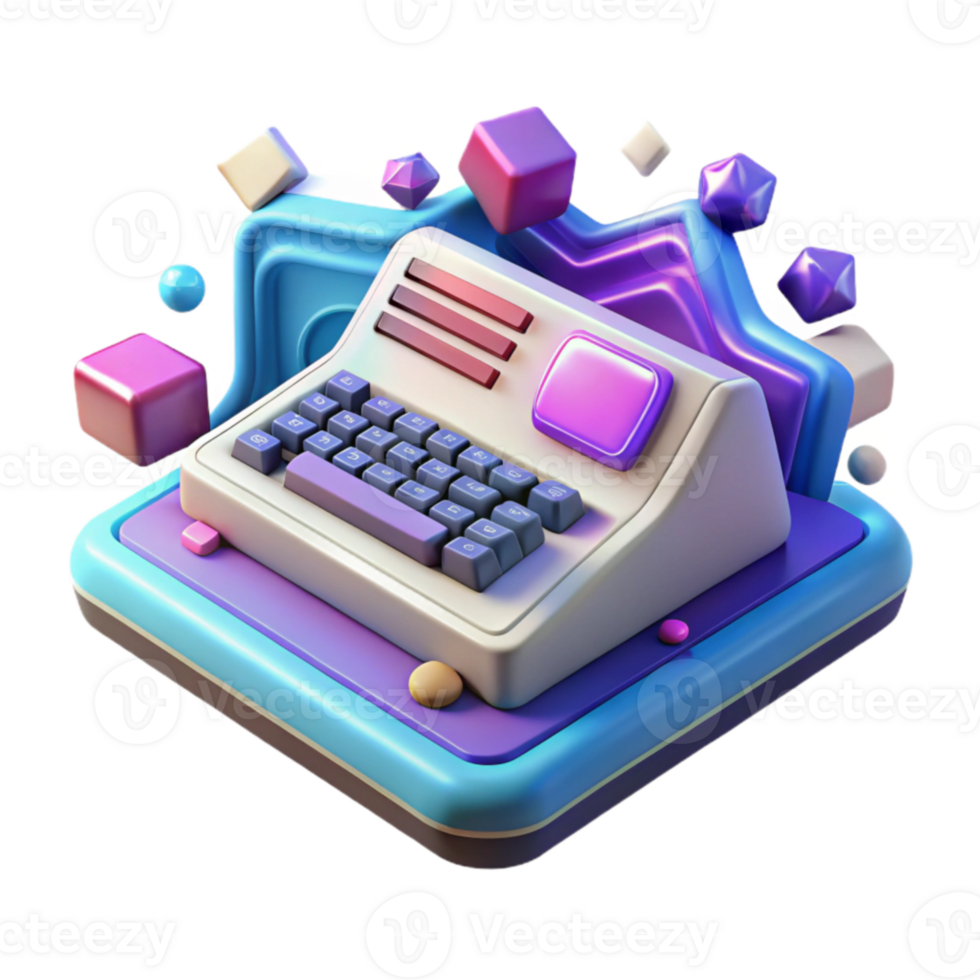 Retro Keyboard 3D Render of Vintage Device with Colorful Cubes png