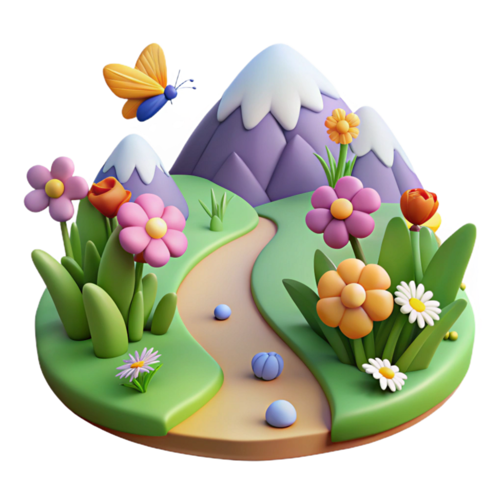 beautiful vintage 3D Cartoon Spring Landscape with Butterfly authentic png